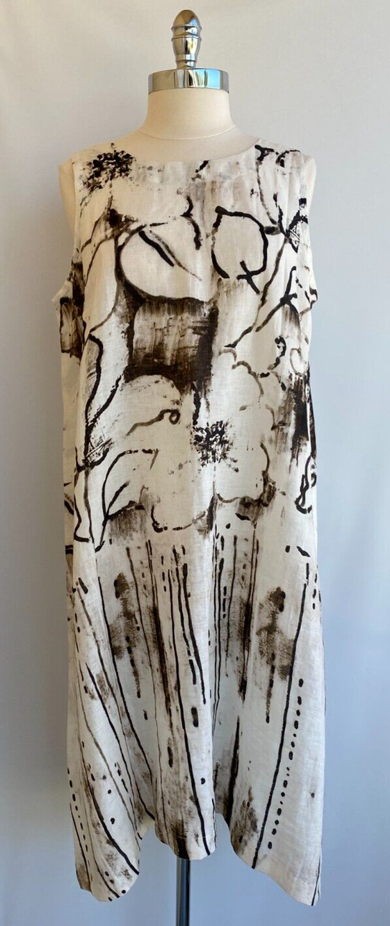 Eskandar 1 US 10 12 MAGNOLIA Floral Print Brown Tan Oversized Linen 42"L Dress